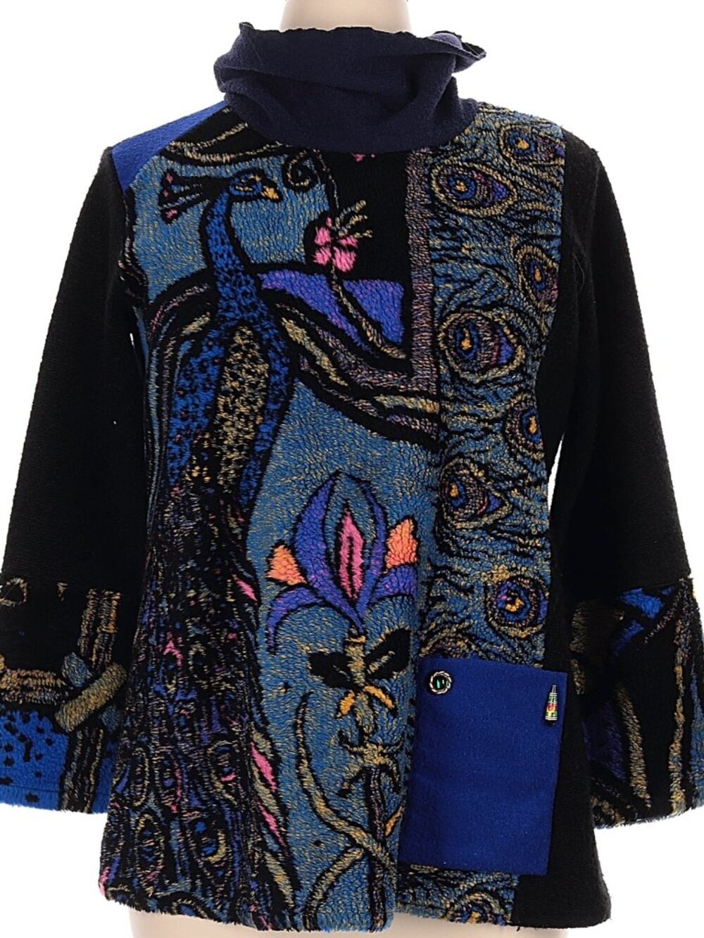 Lee Andersen Fleecy Peacock Sweater Tunic XL Cobalt Pocket,Gorgeous Wearable Art